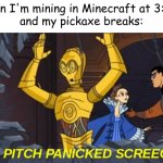 Minecraft meme | Me when I'm mining in Minecraft at 3:00 AM 
and my pickaxe breaks: | image tagged in high pitch panicked screeching c3po | made w/ Imgflip meme maker