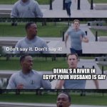 Image title | DENIAL’S A RIVER IN EGYPT YOUR HUSBAND IS GAY | image tagged in dont say it | made w/ Imgflip meme maker