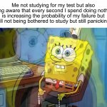 Yes, this is a confusing meme | Me not studying for my test but also being aware that every second I spend doing nothing is increasing the probability of my failure but still not being bothered to study but still panicking: | image tagged in spongebob internal screaming,memes,funny,true story,relatable memes,school | made w/ Imgflip meme maker