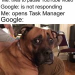 If PC stuff had personalities, Task Manager would be the big bro that doesn't do much but still commands due respect. | Me: tries to pause YouTube video; Google: is not responding; Me: opens Task Manager; Google: | image tagged in oh crap dog | made w/ Imgflip meme maker