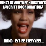 Whitney Dad Joke | WHAT IS WHITNEY HOUSTON'S FAVORITE COORDINATION? HAND - EYE-EE-EEEYYYEEE... | image tagged in whitney houston i will always love you | made w/ Imgflip meme maker