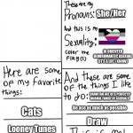 Hi I'm | Grace Perry; She/Her; BI ORIENTED DEMIROMANTIC ASEXUAL
(IT’S A LOT I KNOW); DRAW FAN ART OF A PERFECTLY NORMAL FAMILY OF ASEXUALS; Be ace as much as possible; Cats; Draw; Looney Tunes; Memes!!! | image tagged in hi i'm | made w/ Imgflip meme maker