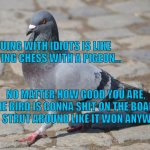 Pigeon | ARGUING WITH IDIOTS IS LIKE PLAYING CHESS WITH A PIGEON... NO MATTER HOW GOOD YOU ARE, THE BIRD IS GONNA SHIT ON THE BOARD AND STRUT AROUND LIKE IT WON ANYWAYS. | image tagged in pigeon | made w/ Imgflip meme maker