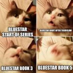 Cat intensifying | BLUESTAR RIGHT AFTER TIGERCLAW; BLUESTAR START OF SERIES; BLUESTAR BOOK 3; BLUESTAR BOOK 5 | image tagged in cat intensifying | made w/ Imgflip meme maker