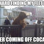 City Bear Meme | BEEN HARD FINDING MY FEET AGAIN; AFTER COMING OFF COCAINE | image tagged in memes,city bear,cocaine,cocaine is a hell of a drug,cocaine bear | made w/ Imgflip meme maker