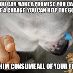 The Going | YOU CAN MAKE A PROMISE. YOU CAN MAKE A CHANGE. YOU CAN HELP THE GOING. LET HIM CONSUME ALL OF YOUR FOOD. | image tagged in the going | made w/ Imgflip meme maker