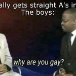 Why are you gay? | Me: finally gets straight A's in school
The boys: | image tagged in why are you gay | made w/ Imgflip meme maker