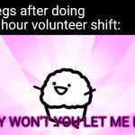 Why won't you let me die | My legs after doing a six hour volunteer shift: | image tagged in why won't you let me die | made w/ Imgflip meme maker