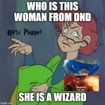 cartoon facts | WHO IS THIS WOMAN FROM DND; SHE IS A WIZARD | image tagged in woman dnd | made w/ Imgflip meme maker