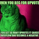 Too popular RayCat problems | WHEN YOU BEG FOR UPVOTES; AND YOU GET SO MANY UPVOTES IT CAUSES AN INTEGER OVERFLOW AND BECOMES A NEGATIVE NUMBER | image tagged in cantankerous raycat,memes,raycat | made w/ Imgflip meme maker