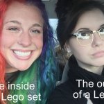 Why are lego sets colorful on the inside? | The inside of a Lego set; The outside of a Lego set | image tagged in rainbow hair and goth,lego,memes,facts,logic | made w/ Imgflip meme maker