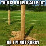 Dupicate Post | THIS IS A DUPLICATE POST; NO, I'M NOT SORRY | image tagged in fence post | made w/ Imgflip meme maker