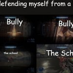 Is this just me? | Me defending myself from a bully; Bully; Bully; The School; the school | image tagged in halo infinite running brute | made w/ Imgflip meme maker