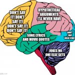 My Brain | HYPOTHETICAL ARGUMENTS I'LL NEVER HAVE; DON'T SAY IT! DON'T SAY IT! DON'T SAY IT! DON'T SAY IT! DON'T TRIP OVER STUFF; SONG LYRICS AND MOVIE QUOTES; JOKES NO ONE ELSE GETS | image tagged in brain sections | made w/ Imgflip meme maker