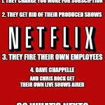 Goddam you Netflix! | 1. THEY CHARGE YOU MORE FOR SUBSCIPTION; 2. THEY GET RID OF THEIR PRODUCED SHOWS; 3. THEY FIRE THEIR OWN EMPLOYEES; 4. DAVE CHAPPELLE; AND CHRIS ROCK GET THEIR OWN LIVE SHOWS AIRED; SO WHAT'S NEXT? | image tagged in goddam you netflix,timeline,facts | made w/ Imgflip meme maker