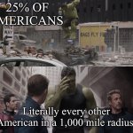 I feel the pain for all of theses people | 25% OF AMERICANS; Literally every other American in a 1,000 mile radius | image tagged in hulk watching young hulk smash a car | made w/ Imgflip meme maker
