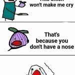 Also because the onion isn't cut. | This onion won't make me cry; That's because you don't have a nose | image tagged in this onion won't make me cry better quality,this onion won't make me cry,onion,cry,nose,no nose onion | made w/ Imgflip meme maker