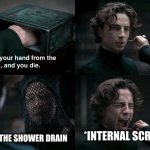 The suffering | HAIR FROM THE SHOWER DRAIN; *INTERNAL SCREAMING* | image tagged in dune what's in the box | made w/ Imgflip meme maker