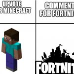 [Creative Title Here] | UPVOTE FOR MINECRAFT; COMMENT FOR FORTNITE | image tagged in cross graph,minecraft,fortnite | made w/ Imgflip meme maker