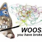 junior dev breaks something in production | JUNIOR DEV; WOOSH! you have broken prod | image tagged in woosh cat,software,development | made w/ Imgflip meme maker