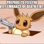 Eevee Whips Out a Gun | PREPARE TO FEEL THE SWEET EMBRACE OF DEATH TIKTOK | image tagged in eevee whips out a gun | made w/ Imgflip meme maker
