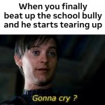 *Whimpers* | When you finally beat up the school bully and he starts tearing up | image tagged in gonna cry,school meme,high school | made w/ Imgflip meme maker