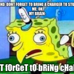 Mocking Spongebob | MY FRIEND: DONT FORGET TO BRING A CHARGER TO STUDY HALL
ME: OK
MY BRAIN:; dOnT fOrGeT tO bRiNg cHaRgEr | image tagged in mocking spongebob | made w/ Imgflip meme maker