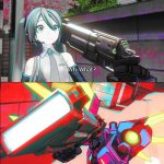 V1 from Ultrakill pointing a gun at Hatsune Miku meme