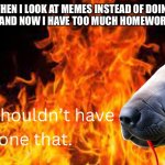 Sam the sea cow’s homework | ME WHEN I LOOK AT MEMES INSTEAD OF DOING MY HOMEWORK AND NOW I HAVE TOO MUCH HOMEWORK TO HANDLE | image tagged in sam the sea cow,manatee,fire,homework,memes | made w/ Imgflip meme maker