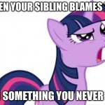 And the worst part is you get grounded for it | WHEN YOUR SIBLING BLAMES YOU; FOR SOMETHING YOU NEVER DID | image tagged in confused twilight sparkle | made w/ Imgflip meme maker