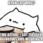 Bongo Cat | NYAN CAT WHO? OH, ME BEFORE I GOT FIRED FROM POOPING RAINBOWS AND WEARING A POP TART | image tagged in bongo cat | made w/ Imgflip meme maker