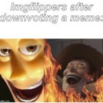 *proceeds to downvote* | Imgflippers after downvoting a meme: | image tagged in fire woody | made w/ Imgflip meme maker