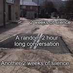 Every DM ever | 2 weeks of silence; A random 2 hour long conversation; Another 2 weeks of silence | image tagged in road repaired patch,meem,memes,conversation | made w/ Imgflip meme maker