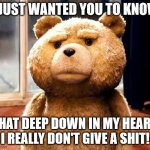 Ted | I JUST WANTED YOU TO KNOW; THAT DEEP DOWN IN MY HEART, I REALLY DON'T GIVE A SHIT! | image tagged in memes,ted | made w/ Imgflip meme maker