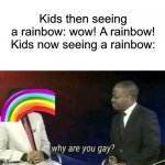 Zesty | Kids then seeing a rainbow: wow! A rainbow!

Kids now seeing a rainbow: | image tagged in why are you gay,rainbow,gay,lgbtq,boomer,kids | made w/ Imgflip meme maker