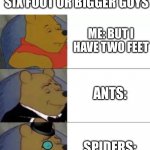 Dumb | ME: BUT I HAVE TWO FEET ANTS: SPIDERS: GIRLS: I ONLY DATE SIX FOOT OR BIGGER GUYS | image tagged in fancy pooh | made w/ Imgflip meme maker