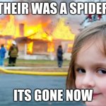 LOL | THEIR WAS A SPIDER; ITS GONE NOW | image tagged in girl smiling with house burning | made w/ Imgflip meme maker