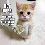 Enjoy Your Cash | HEY USER; ENJOY YOUR  STACK OF CASH :) TO CONTINUE YOUR JOURNEY | image tagged in memes,cute cat | made w/ Imgflip meme maker
