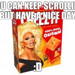 ye | YOU CAN KEEP SCROLLING BUT HAVE A NICE DAY; :D | image tagged in rupaul cheez-it | made w/ Imgflip meme maker