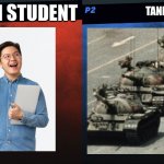 China: | ASIAN STUDENT; TANK | image tagged in smash bros 1v1 screen template,china,protest,student,tank,funny | made w/ Imgflip meme maker