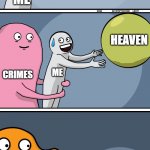 Reality Check. | HEAVEN; ME; HEAVEN; ME; CRIMES; HELL; ME; CRIMES; HEAVEN | image tagged in running away balloon 2 | made w/ Imgflip meme maker