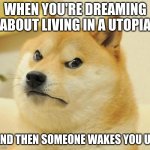 Mad doge | WHEN YOU'RE DREAMING ABOUT LIVING IN A UTOPIA; AND THEN SOMEONE WAKES YOU UP | image tagged in mad doge | made w/ Imgflip meme maker