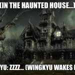 Meanwhile…… | (IN THE HAUNTED HOUSE…); FLORAKYU: ZZZZ… (WINGKYU WAKES HER UP) | image tagged in haunted house | made w/ Imgflip meme maker