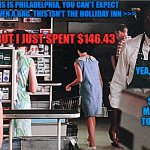 Red bagging groceries, Morgan Freeman, Shawshank redemption | THIS IS PHILADELPHIA, YOU CAN'T EXPECT TO BE GIVEN A BAG. THIS ISN'T THE HOLLIDAY INN >>>; <<<BUT I JUST SPENT $146.43; ^^^
YEA, THAT SHOULD REQUIRE 5 BAGS @ $1.50 EACH MAKING YOUR TOTAL $153.93; ! | image tagged in red bagging groceries morgan freeman shawshank redemption | made w/ Imgflip meme maker