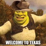welcome to texas | WELCOME TO TEXAS | image tagged in shrek with cowboy hat | made w/ Imgflip meme maker