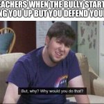 But why why would you do that? | TEACHERS WHEN THE BULLY STARTS BEATING YOU UP BUT YOU DEFEND YOURSELF: | image tagged in but why why would you do that | made w/ Imgflip meme maker