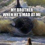 My brother | MY BROTHER WHEN HE’S MAD AT ME; ME | image tagged in orca menacing | made w/ Imgflip meme maker