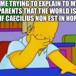 Caecilius non est in hortus | ME TRYING TO EXPLAIN TO MY PARENTS THAT THE WORLD IS A LIE IF CAECILIUS NON EST IN HORTUS | image tagged in smh homer | made w/ Imgflip meme maker