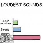 Loudest sounds | SNEAKING AROUND THE HOUSE AT NIGHT GETTING SNACKS AND STUFF | image tagged in loudest sounds | made w/ Imgflip meme maker