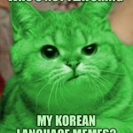 RayCat blocked | WHO’S NOT FEATURING; MY KOREAN LANGUAGE MEMES? | image tagged in raycat annoyed,memes,korean | made w/ Imgflip meme maker